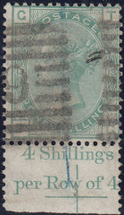 142663 1876 1S GREEN (SG150) USED WITH MARGINAL INSCRIPTION AND '+' MARK TO ALIGN PERFORATION.