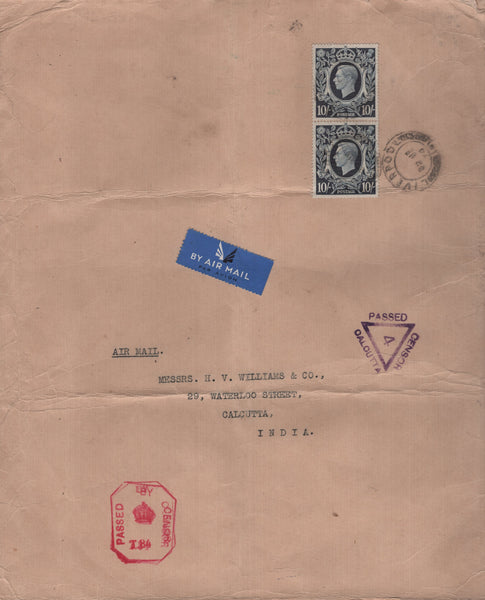 142667 1939 LARGE ENVELOPE AIRMAIL LIVERPOOL TO CALCUTTA, INDIA KGVI 10S DARK BLUE (SG478) X 2.