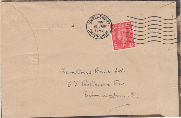 142670 1948 ADVERTISING MAIL SHREWSBURY, SHROPS TO BIRMINGHAM 1D PALE SCARLET (SG486).