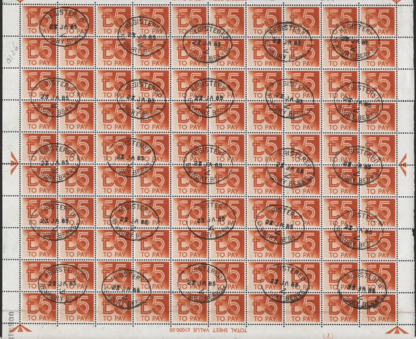 142672 1982 £5 DULL ORANGE POSTAGE DUE (D101) COMPLETED USED SHEET OF 100 WITH NEWBURY, BERKS DATES STAMPS.