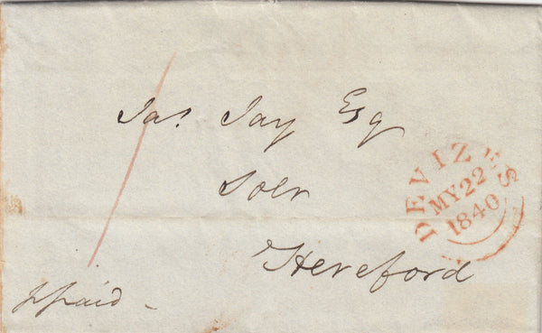 142676 1840 MAIL DEVIZES, WILTS TO HEREFORD, POST PAID IN CASH, PRESUMABLY NO PENNY BLACKS AVAILABLE.