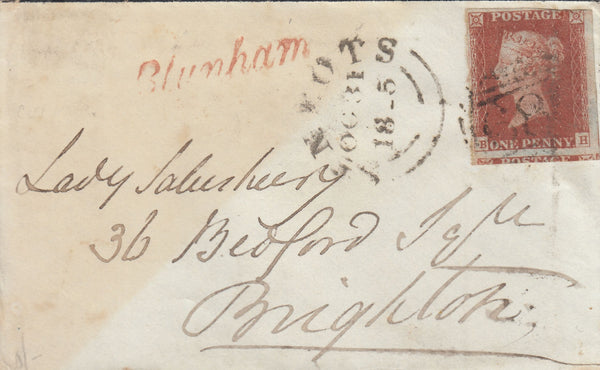 142677 1845 MAIL BLUNHAM, BEDS TO BRIGHTON 1D (SG8)(BH) 'Blunham' STRAIGHT LINE HANDSTAMP.