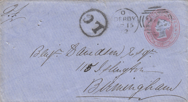 142679 1862 1D PINK ON BLUE ENVELOPE DERBY TO BIRMINGHAM WITH CIRCULAR 'LC' HANDSTAMP.
