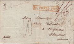 142684 1840 MAIL SANDWICH, KENT TO BRUSSELS WITH HANDSTAMPS 'RETURNED FROM' IN RED (L1154a) AND 'REBUT' IN BLUE.