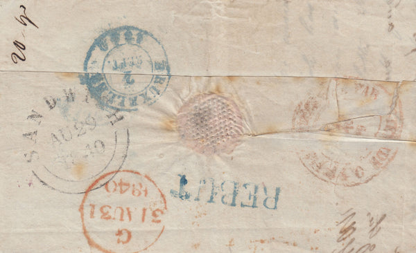 142684 1840 MAIL SANDWICH, KENT TO BRUSSELS WITH HANDSTAMPS 'RETURNED FROM' IN RED (L1154a) AND 'REBUT' IN BLUE.