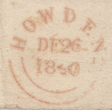 142695 1840 WRAPPER TO GLOSSOP, DERBYS 'HOWDEN' DATE STAMP DE 26 1840 WITH FINE STRIKE 'Missent to/Derby R.O.' HANDSTAMP IN RED (DY165) EARLIST RECORDED UNDATED RAILWAY CANCELLATION.