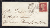 142701 1860 MOURNING ENVELOPE USED IN LONDON WITH 'HAMPTON COURT' UDC IN BLUE.