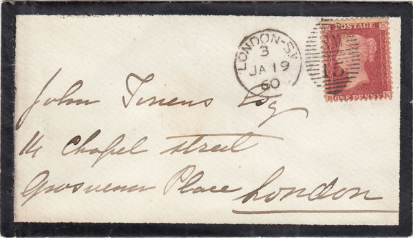 142701 1860 MOURNING ENVELOPE USED IN LONDON WITH 'HAMPTON COURT' UDC IN BLUE.