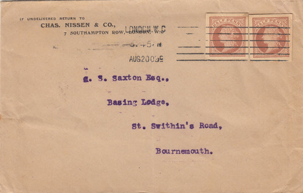 142703 1909 MAIL CHARLES NISSEN, LONDON TO BOURNEMOUTH WITH QV ½D BROWN CUT-OUT X 2.