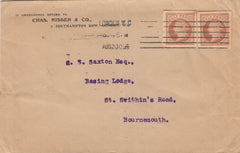 142703 1909 MAIL CHARLES NISSEN, LONDON TO BOURNEMOUTH WITH QV ½D BROWN CUT-OUT X 2.
