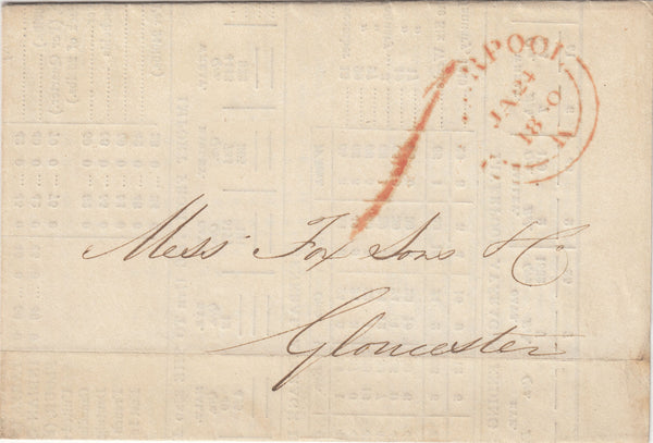142706 1840 PRICES CURRENT MAIL LIVERPOOL TO GOUCESTER WITH HANDSTAMP '1' UNIFORM PENNY POST.
