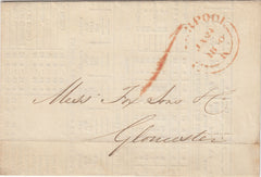 142706 1840 PRICES CURRENT MAIL LIVERPOOL TO GOUCESTER WITH HANDSTAMP '1' UNIFORM PENNY POST.