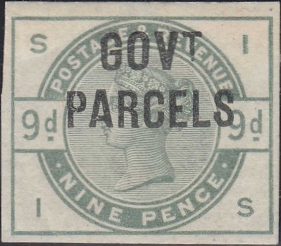 142709 1883 9D DULL GREEN 'GOVT PARCELS' (SGO63) GOOD TO FINE IMPERFORATE  IMPRIMATUR.