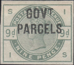 142709 1883 9D DULL GREEN 'GOVT PARCELS' (SGO63) GOOD TO FINE IMPERFORATE  IMPRIMATUR.