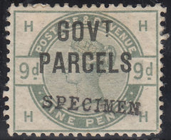 142710 1883 9D DULL GREEN 'GOVT PARCELS' OVERPRINTED 'SPECIMEN' (SGO63s)/SPEC L20s) GOOD UNUSED.