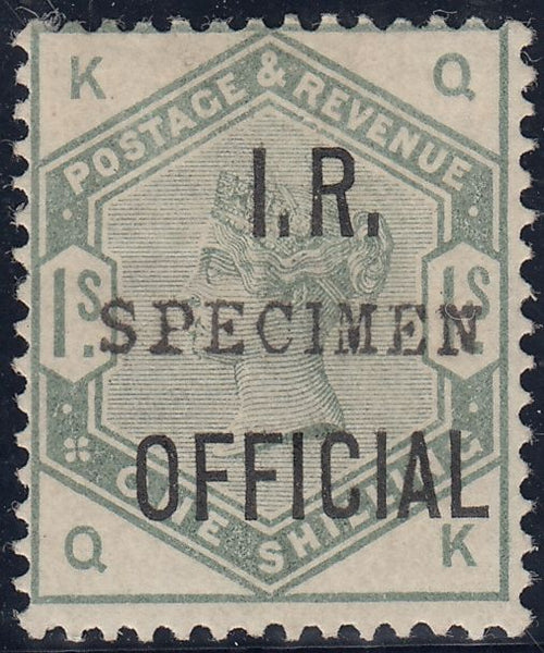 142713 1885 1S DULL GREEN 'I.R.OFFICIAL' OVERPRINTED 'SPECIMEN' TYPE 9 (SGO7s) GOOD UNUSED.