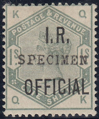 142713 1885 1S DULL GREEN 'I.R.OFFICIAL' OVERPRINTED 'SPECIMEN' TYPE 9 (SGO7s) GOOD UNUSED.