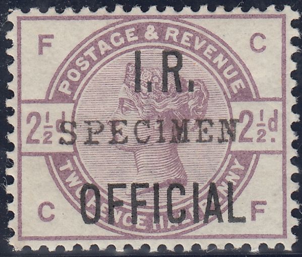 142714 1885 2½D LILAC 'I.R. OFFICIAL' OVERPRINTED 'SPECIMEN' TYPE 9 (SGO6s) FINE UNUSED.