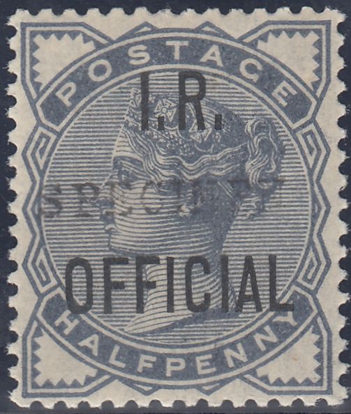 142716  1885 ½D SLATE BLUE 'I.R. OFFICIAL' OVERPRINTED 'SPECIMEN' TYPE 9 (SGO5s) FINE UNUSED.
