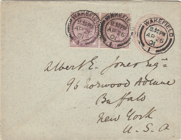 142719 1901 ENVELOPE WAKEFIELD, WEST YORKS TO U.S.A. 1D PINK EMBOSSED AND 1D LILAC (SG172) X 2.