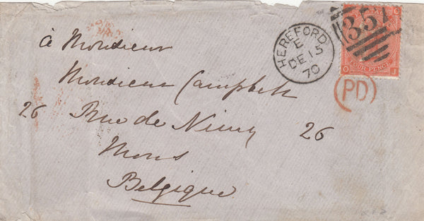 142720 1870 MAIL HEREFORD TO MONS, BELGIUM 4D VERMILION (SG94).