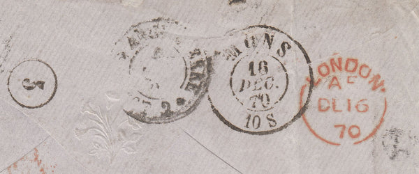 142720 1870 MAIL HEREFORD TO MONS, BELGIUM 4D VERMILION (SG94).