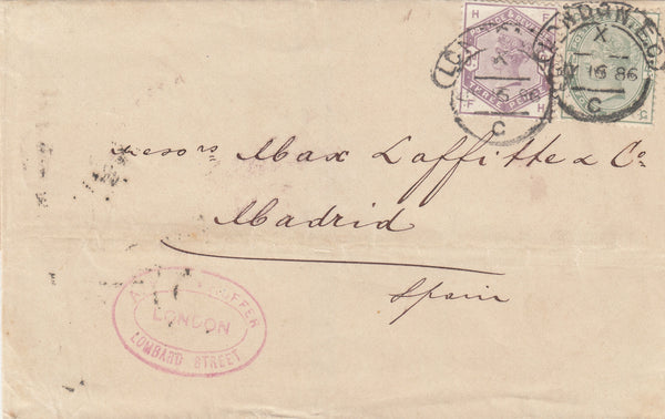 142721 1886 MAIL LONDON TO MADRID, SPAIN 3D LILAC (SG191) 4D DULL GREEN (SG192).