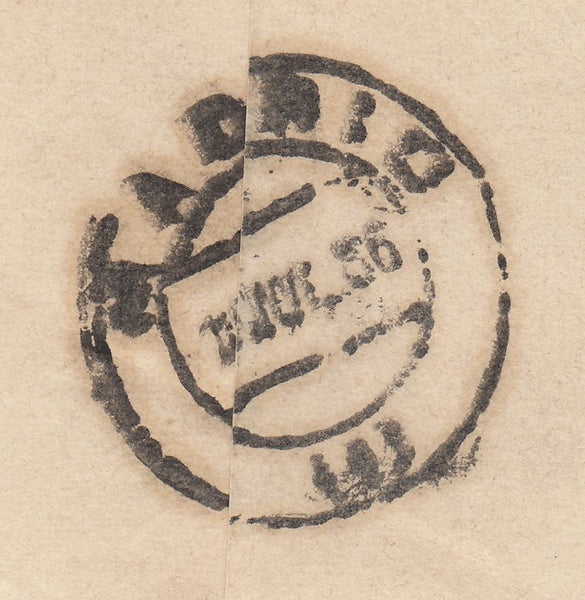 142721 1886 MAIL LONDON TO MADRID, SPAIN 3D LILAC (SG191) 4D DULL GREEN (SG192).