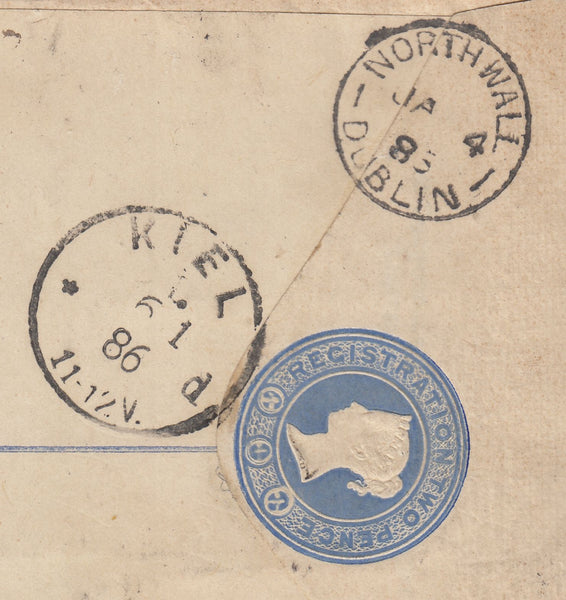 142722  1886 REGISTERED ENVELOPE  DUBLIN TO KIEL, GERMANY WITH 2½D LILAC (SG190) X 2.