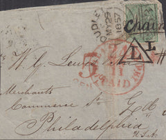 142724 1857 LARGE PIECE DUDLEY, WORCS TO U.S.A. 1S GREEN (SG72) 'DUDLEY/263' SIDEWAYS DUPLEX.