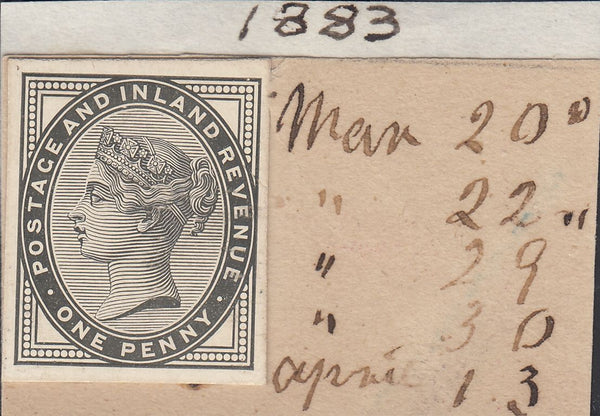 142725 1883 1D LILAC (SG172) DE LA RUE STRIKING BOOK PROOF WITH MANUSCRIPT ANNOTATIONS.