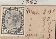 142725 1883 1D LILAC (SG172) DE LA RUE STRIKING BOOK PROOF WITH MANUSCRIPT ANNOTATIONS.