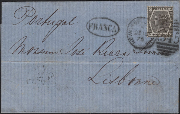 142730 1875 MAIL NEWCASTLE ON TYNE TO LISBON 6D GREY PL.14 (SG147).