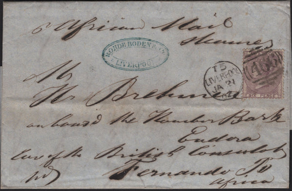 142731 1862 MAIL LIVERPOOL TO FERNANDO PO, AFRICA 6D LILAC (SG68).