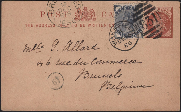 142732 1886 ½D BROWN POSTCARD UPRATED ½D SLATE-BLUE (SG187)  WAKEFIELD TO BELGIUM.