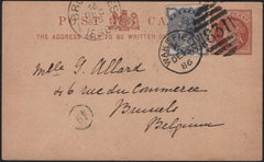 142732 1886 ½D BROWN POSTCARD UPRATED ½D SLATE-BLUE (SG187)  WAKEFIELD TO BELGIUM.