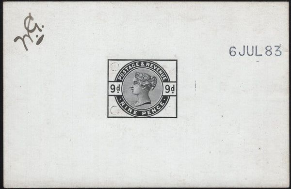 142733 1883 9D DULL GREEN (SG195) DIE PROOF DATED '6 JUL 83'.