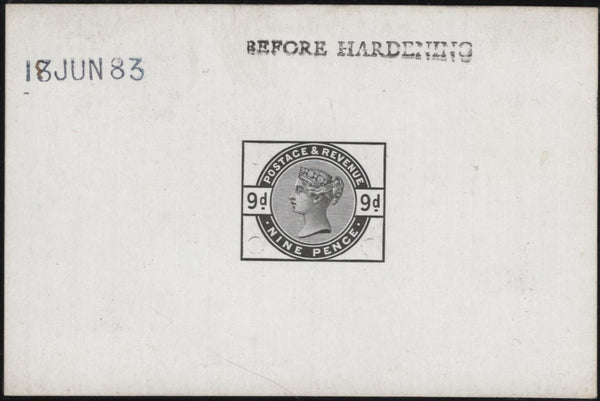 142734  1883 9D DULL GREEN (SG195) DIE PROOF DATED '18 JUN 83' AND ENDORSED 'BEFORE HARDENING'