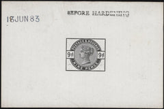 142734  1883 9D DULL GREEN (SG195) DIE PROOF DATED '18 JUN 83' AND ENDORSED 'BEFORE HARDENING'