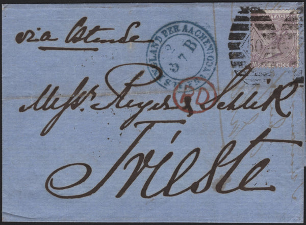 142739 1868 MAIL LONDON TO TRIESTE 6D LILAC PL.6 (SG104).