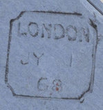 142739 1868 MAIL LONDON TO TRIESTE 6D LILAC PL.6 (SG104).