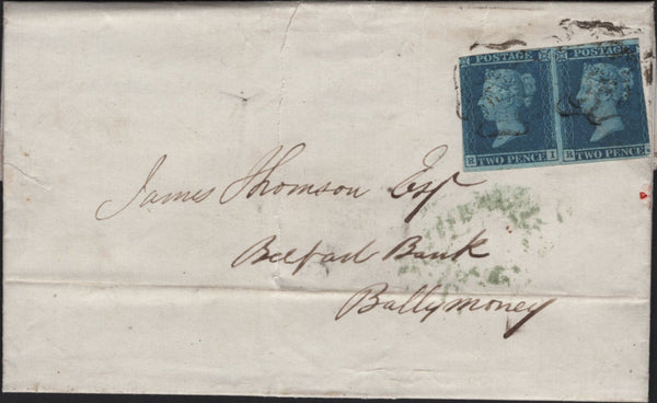 142751 1843 MAIL BALLYCASTLE, CO. ANTRIM TO BALLYMONEY PAIR 2D BLUE PL.3 (SG14) (RI/RJ).