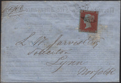 142754 1852 MAIL NORWICH TO KINGS LYNN 1D (SG8)(RC) SUPERB PRINTED 'Norwich Union Fire Insurance Office.....' CONTENTS.