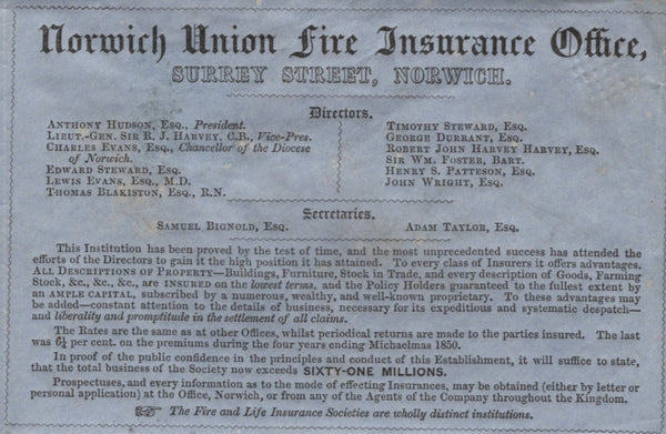 142754 1852 MAIL NORWICH TO KINGS LYNN 1D (SG8)(RC) SUPERB PRINTED 'Norwich Union Fire Insurance Office.....' CONTENTS.