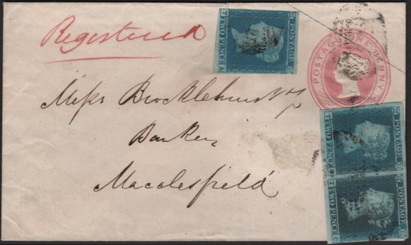 142761 1851 1D PINK ENVELOPE REGISTERED MAIL STAFFORD TO MACCLESFIELD UPRATED 2D BLUE PL.4 (SG14) X 3.
