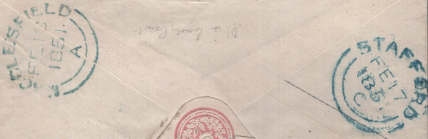 142761 1851 1D PINK ENVELOPE REGISTERED MAIL STAFFORD TO MACCLESFIELD UPRATED 2D BLUE PL.4 (SG14) X 3.