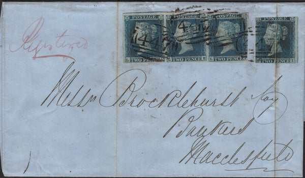 142765 1851 MAIL SENT REGISTERED MAIL LEEDS TO MACCLESFIELD WITH 2D BLUE PL.4 (SG14) X 4.