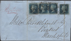 142765 1851 MAIL SENT REGISTERED MAIL LEEDS TO MACCLESFIELD WITH 2D BLUE PL.4 (SG14) X 4.
