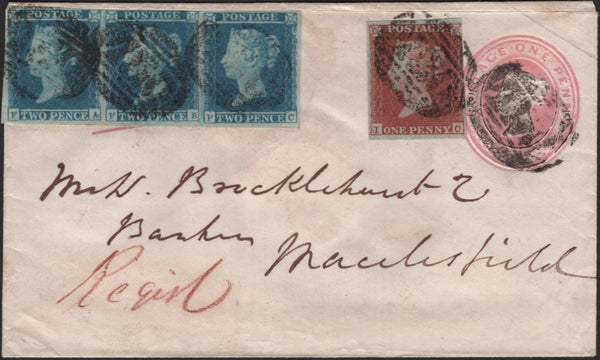142769 1850 1D PINK SENT REGISTERED MAIL STAFFORD TO MACCLESFIELD UPRATED 1D (SG8) PAYING ADDITIONAL POSTAGE AND STRIP OF THREE 2D BLUE PL.4 (SG14) PAYING 6D REGISTRATION.