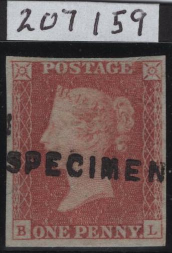 142772 1849 1D IMPERF PL.90 (SG8)(BL) 'SPECIMEN' TYPE 1 OVERPRINT (SPEC BS79s) VERY FINE UNUSED.